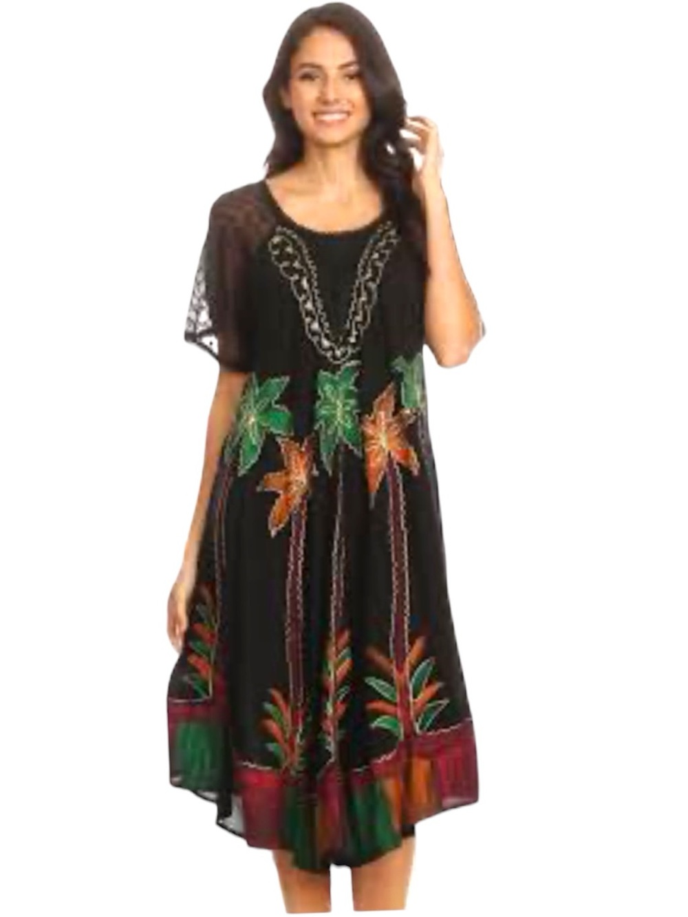 Sakkas Kai Palm Tree short sleeve embroidered Caftan Tank dress